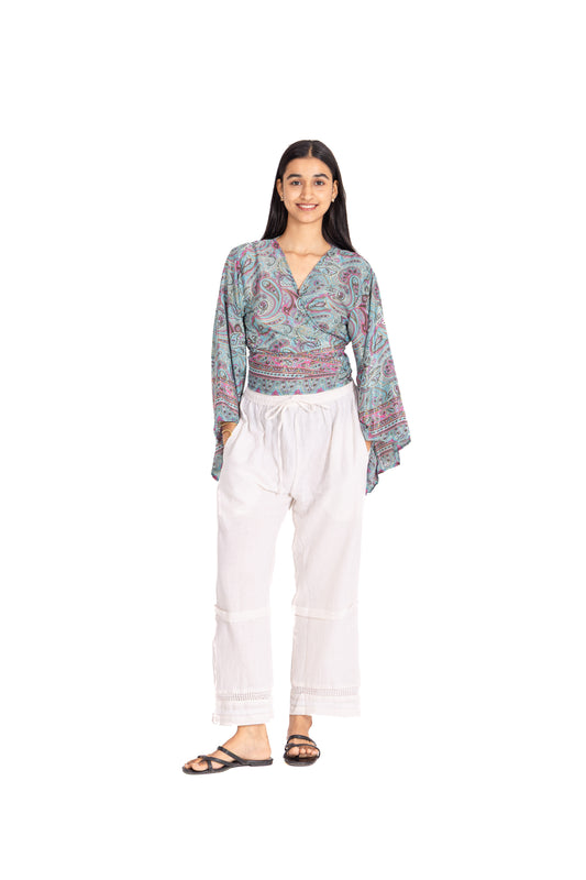 Sky Blue Paisley Wrap Crop Top: Flared Bell Sleeves with Pink Border Print