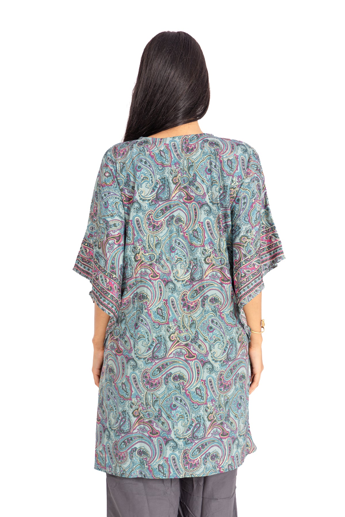 Teal Paisley Kaftan Top: V-Neck with Tassel Drawstring Waist