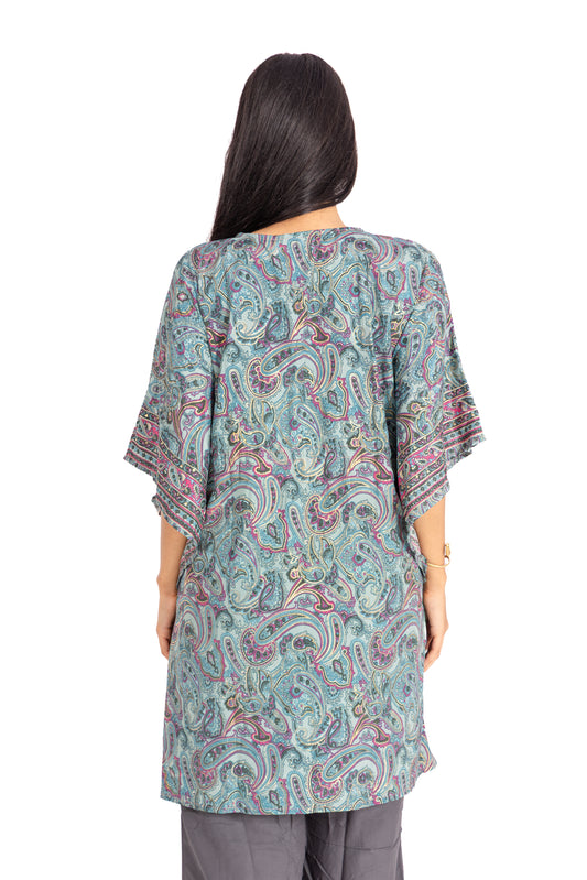Teal Paisley Kaftan Top: V-Neck with Tassel Drawstring Waist