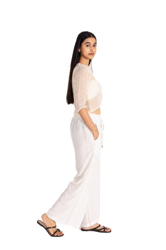 Cream Open-Weave Crop Top & White Palazzo Co-ord Set: Boho Two-Piece
