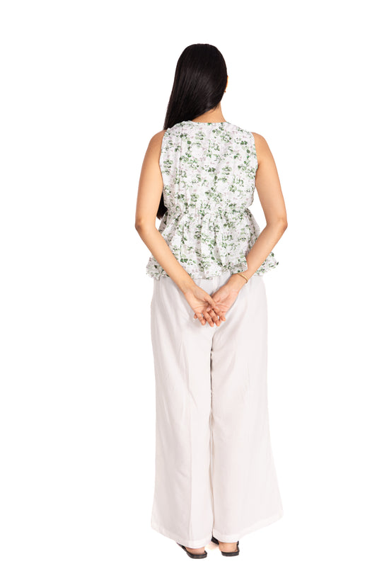 Sage Green Floral Peplum Top & White Palazzo Co-ord Set