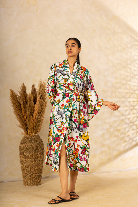 Safari Print Kimono Wrap Dress: Belted Midi with Wide Sleeves