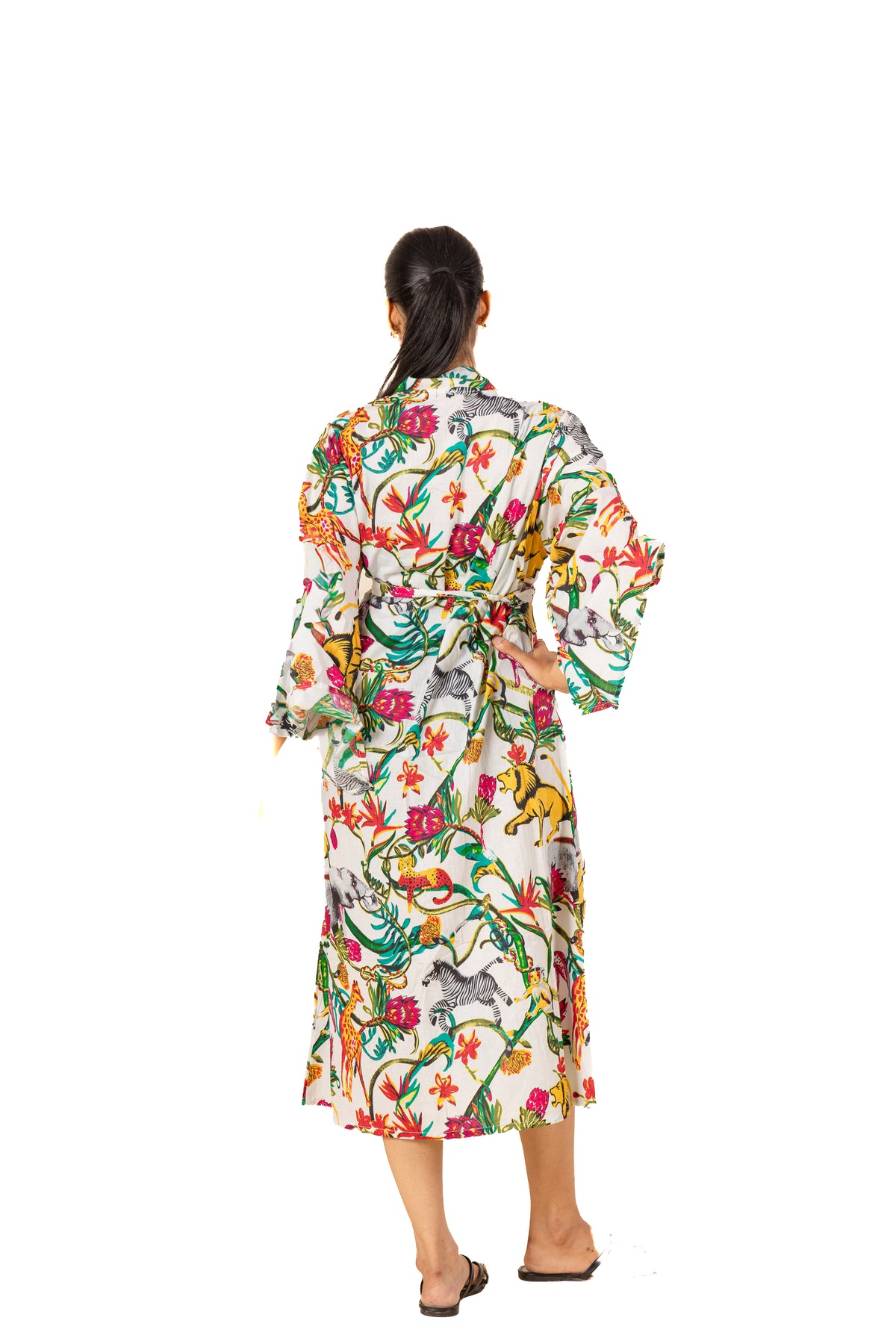 Safari Print Kimono Wrap Dress: Belted Midi with Wide Sleeves