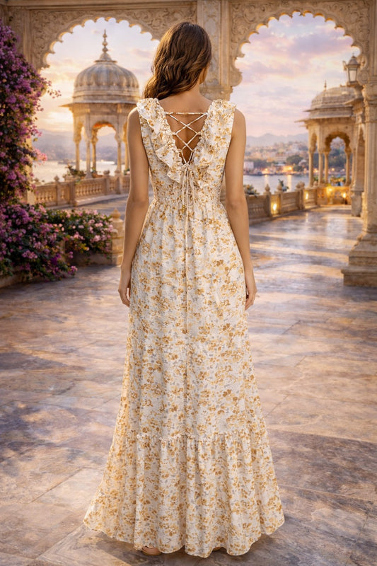 Golden Bloom Ruffle Maxi Dress