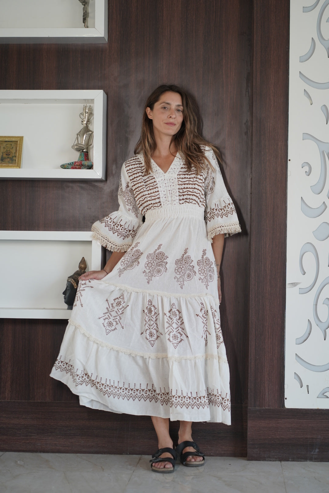 V NECK FRILL LONG BOHO DRESS