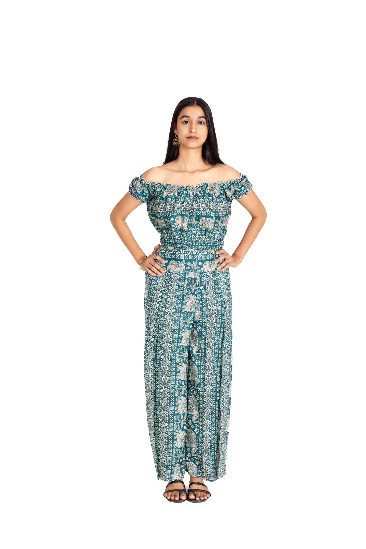 Teal Safari Off Shoulder Co-ord Set: Ruffled Top & Palazzo Pants