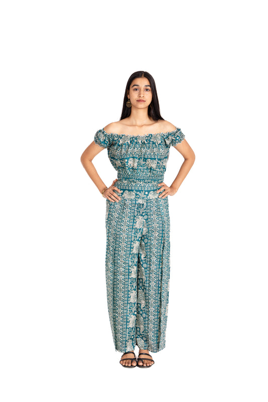 Teal Safari Off Shoulder Co-ord Set: Ruffled Top & Palazzo Pants