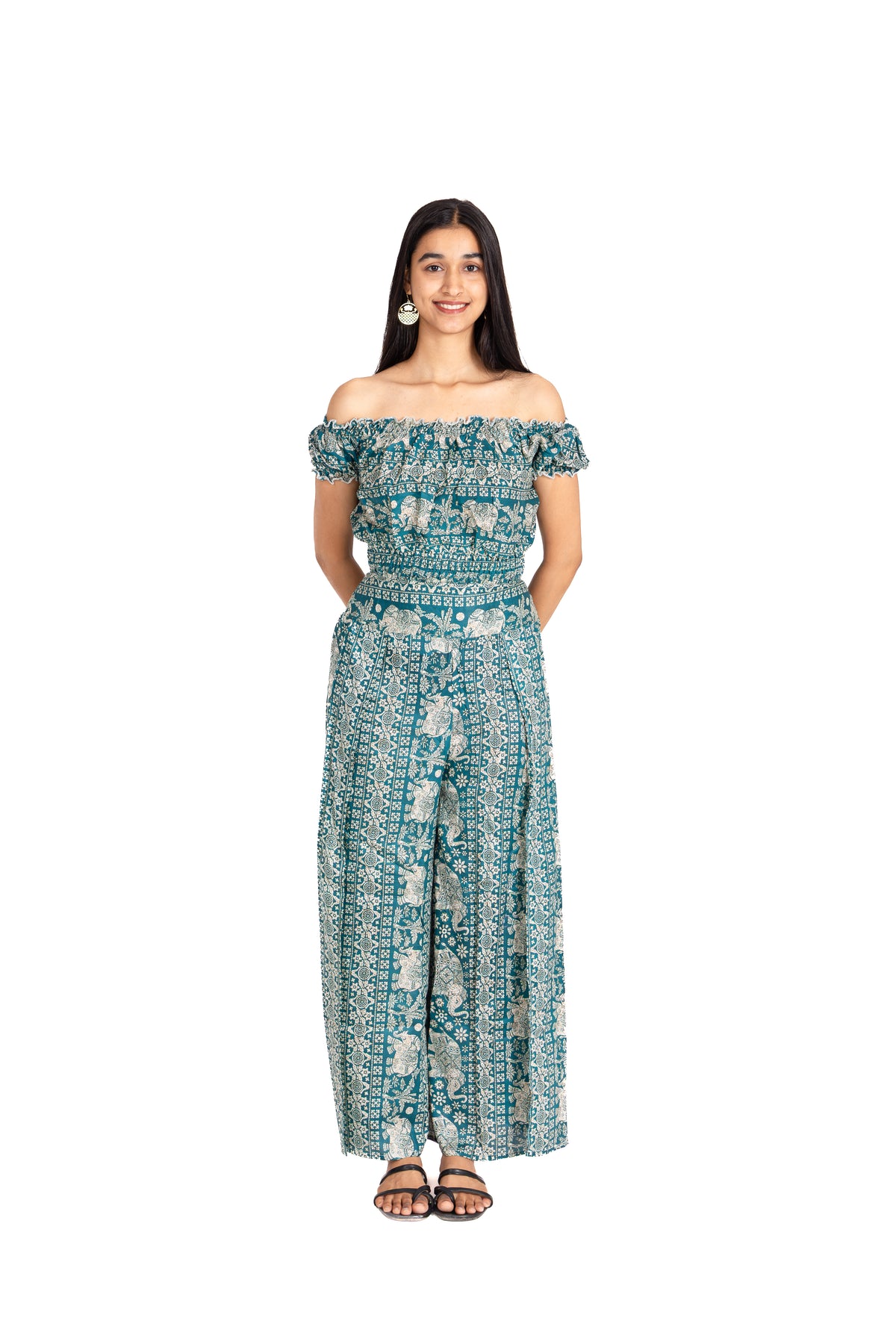 Teal Safari Off Shoulder Co-ord Set: Ruffled Top & Palazzo Pants