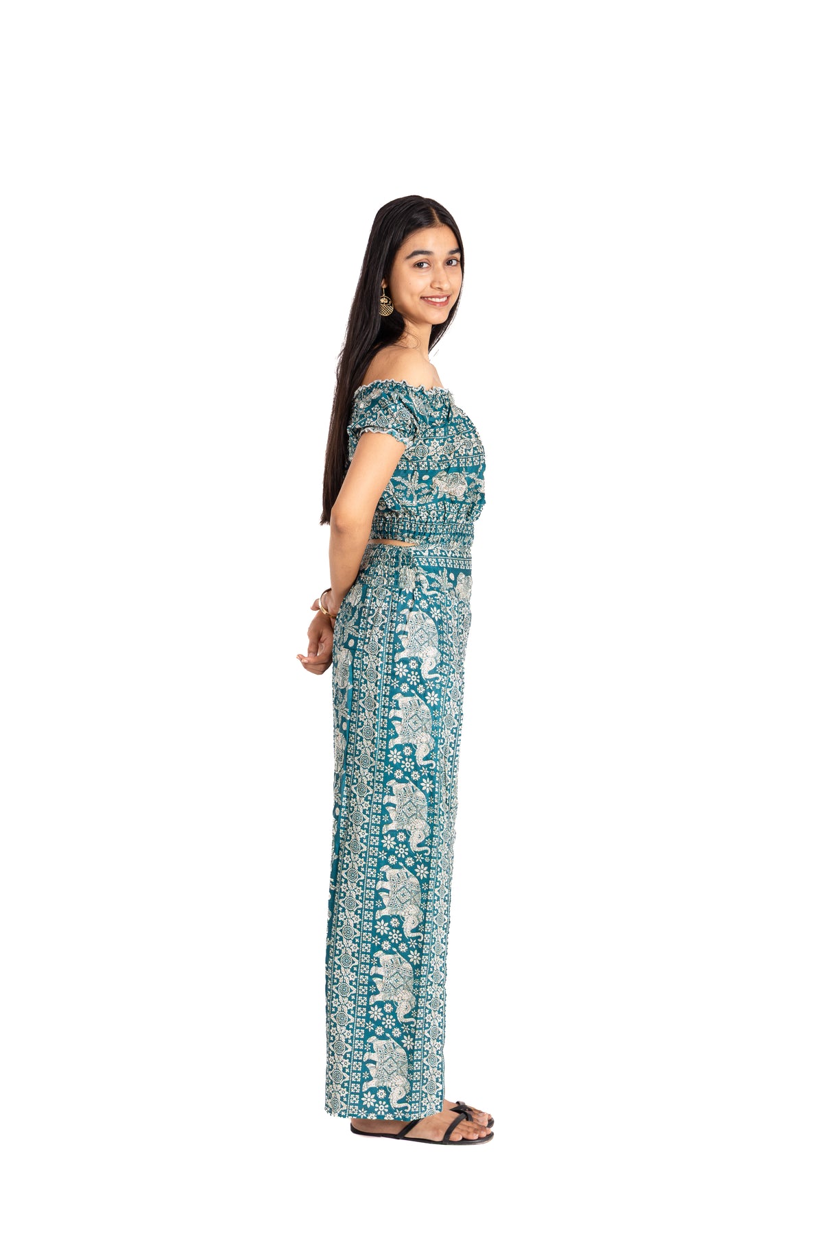 Teal Safari Off Shoulder Co-ord Set: Ruffled Top & Palazzo Pants