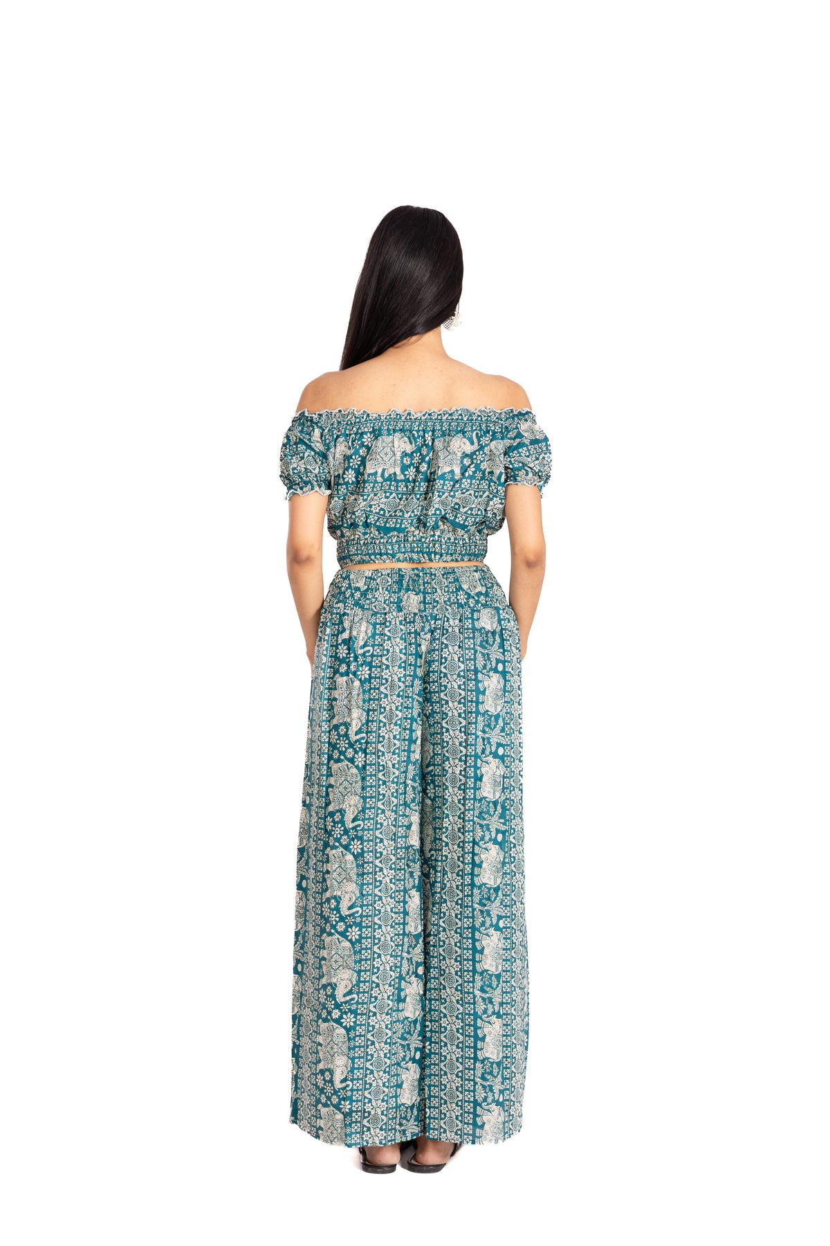 Teal Safari Off Shoulder Co-ord Set: Ruffled Top & Palazzo Pants