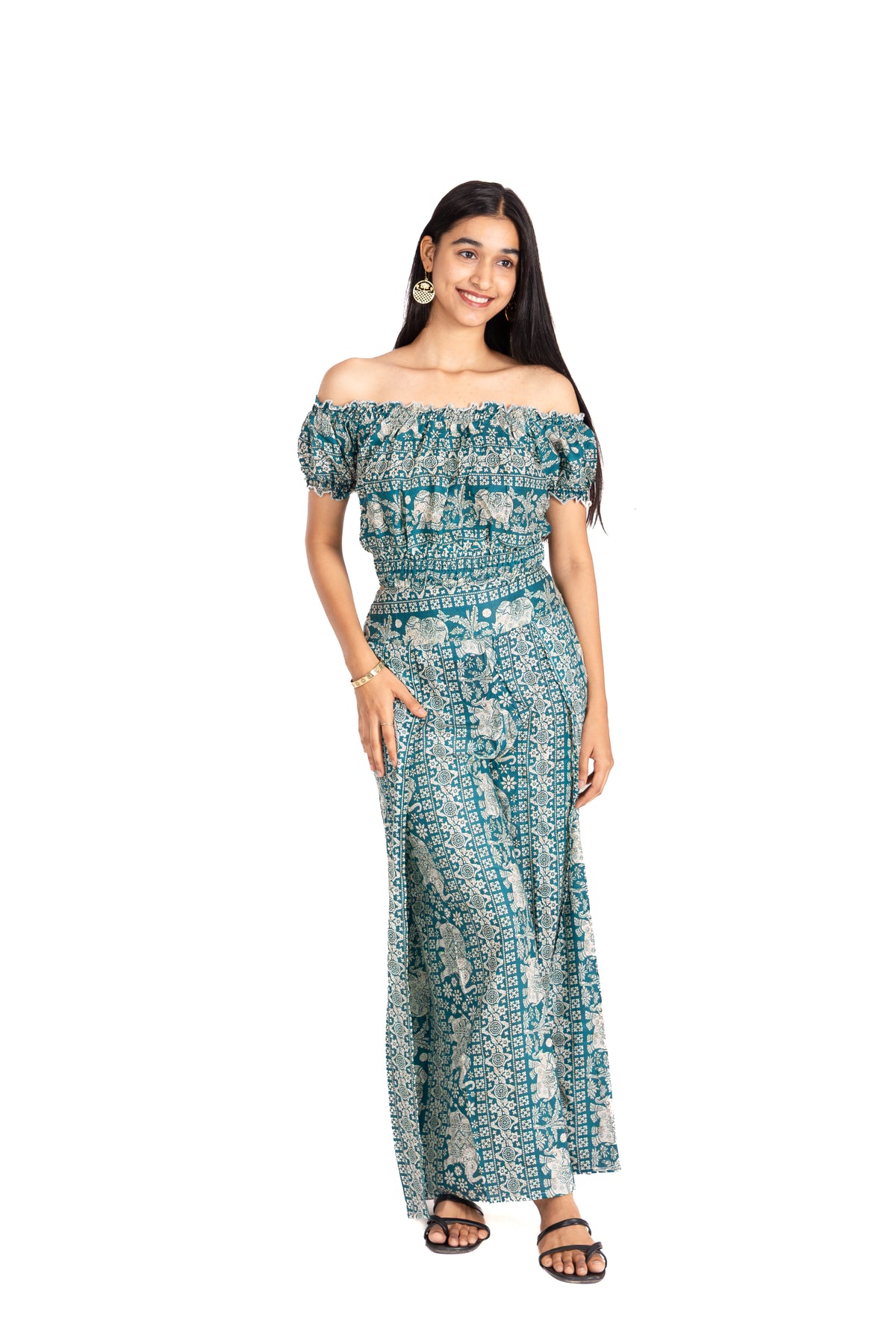 Teal Safari Off Shoulder Co-ord Set: Ruffled Top & Palazzo Pants
