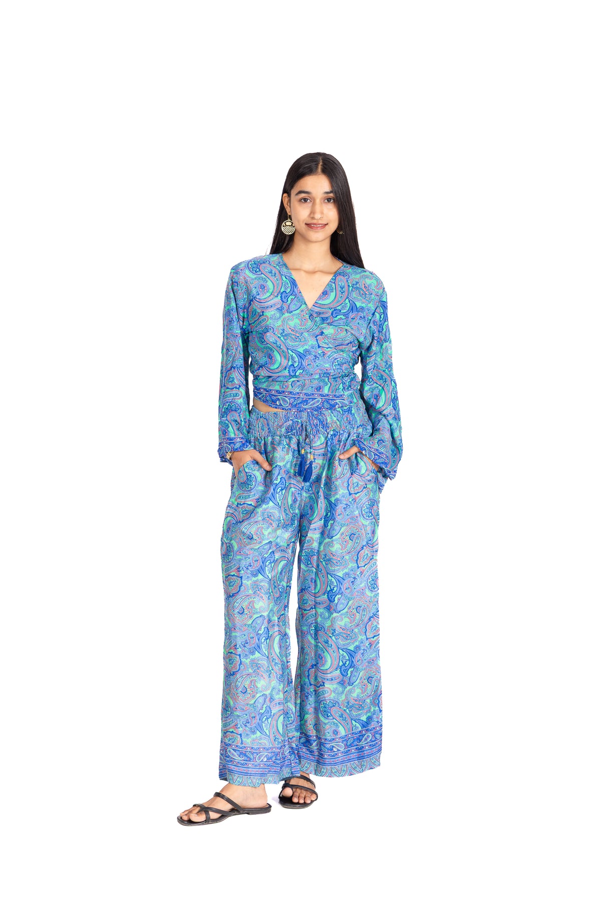 Azure Paisley Wrap Set: Long Sleeve Wrap Top & Palazzo Pants