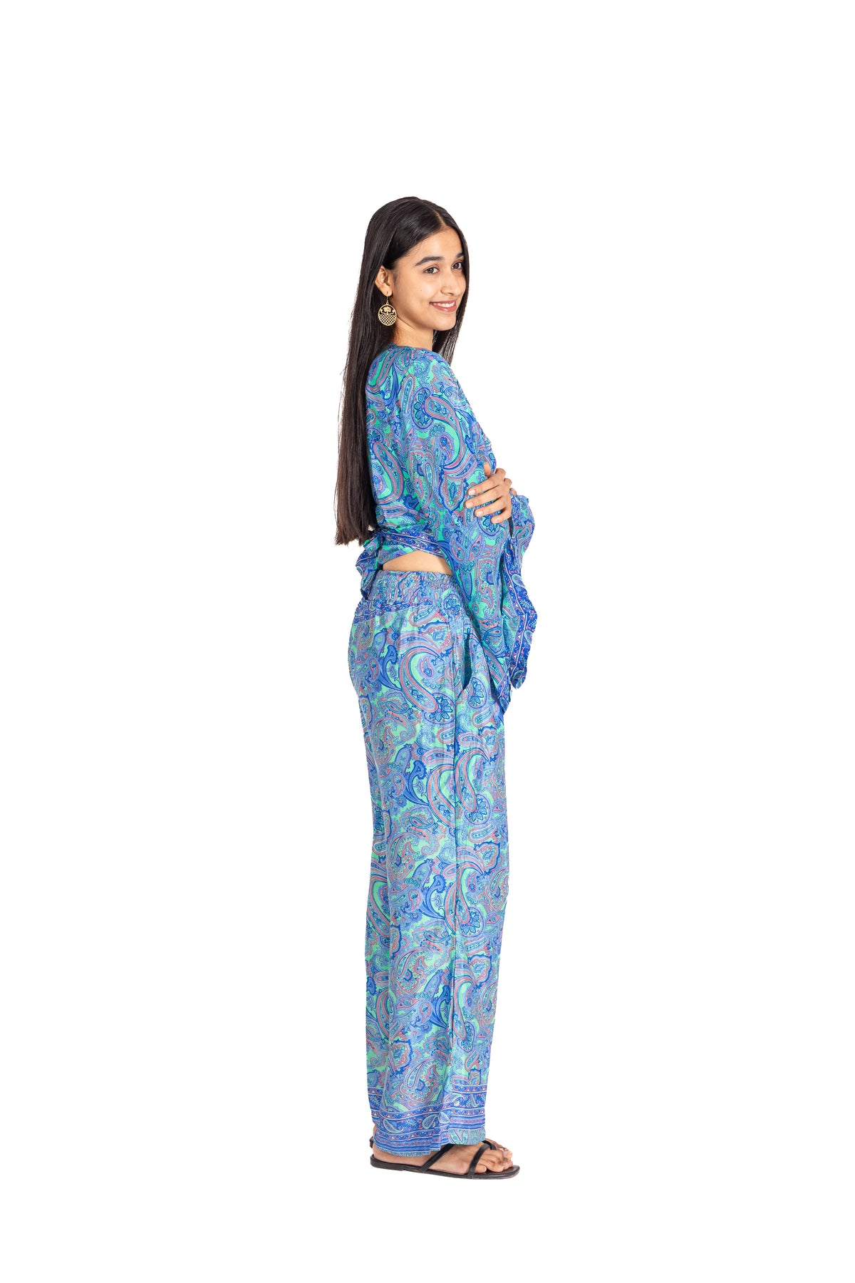 Azure Paisley Wrap Set: Long Sleeve Wrap Top & Palazzo Pants