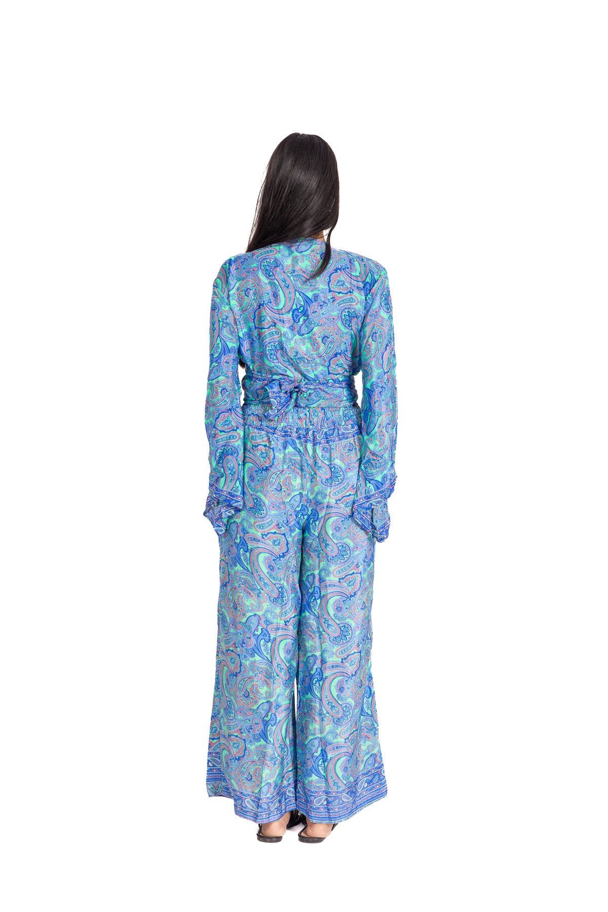 Azure Paisley Wrap Set: Long Sleeve Wrap Top & Palazzo Pants