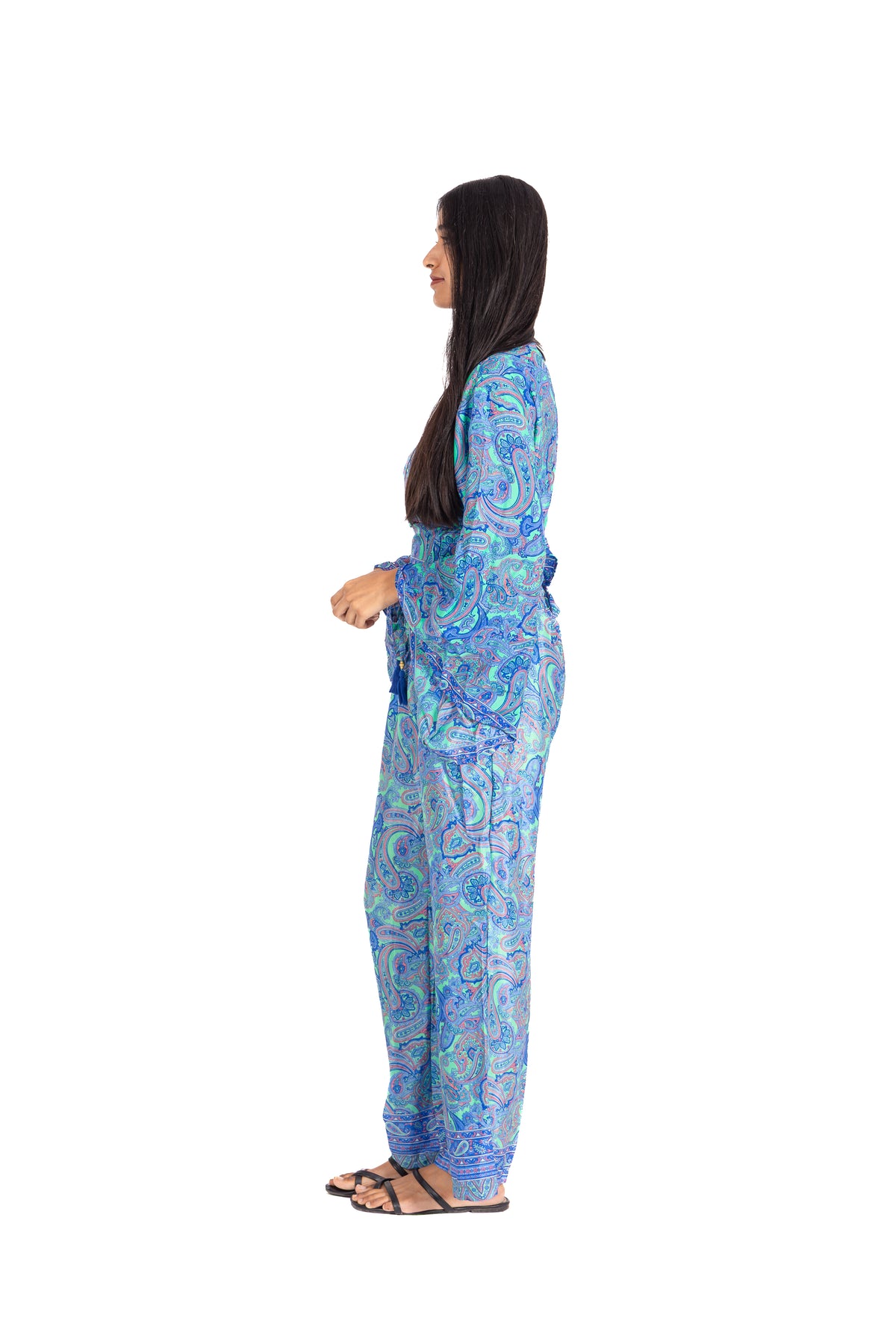 Azure Paisley Wrap Set: Long Sleeve Wrap Top & Palazzo Pants