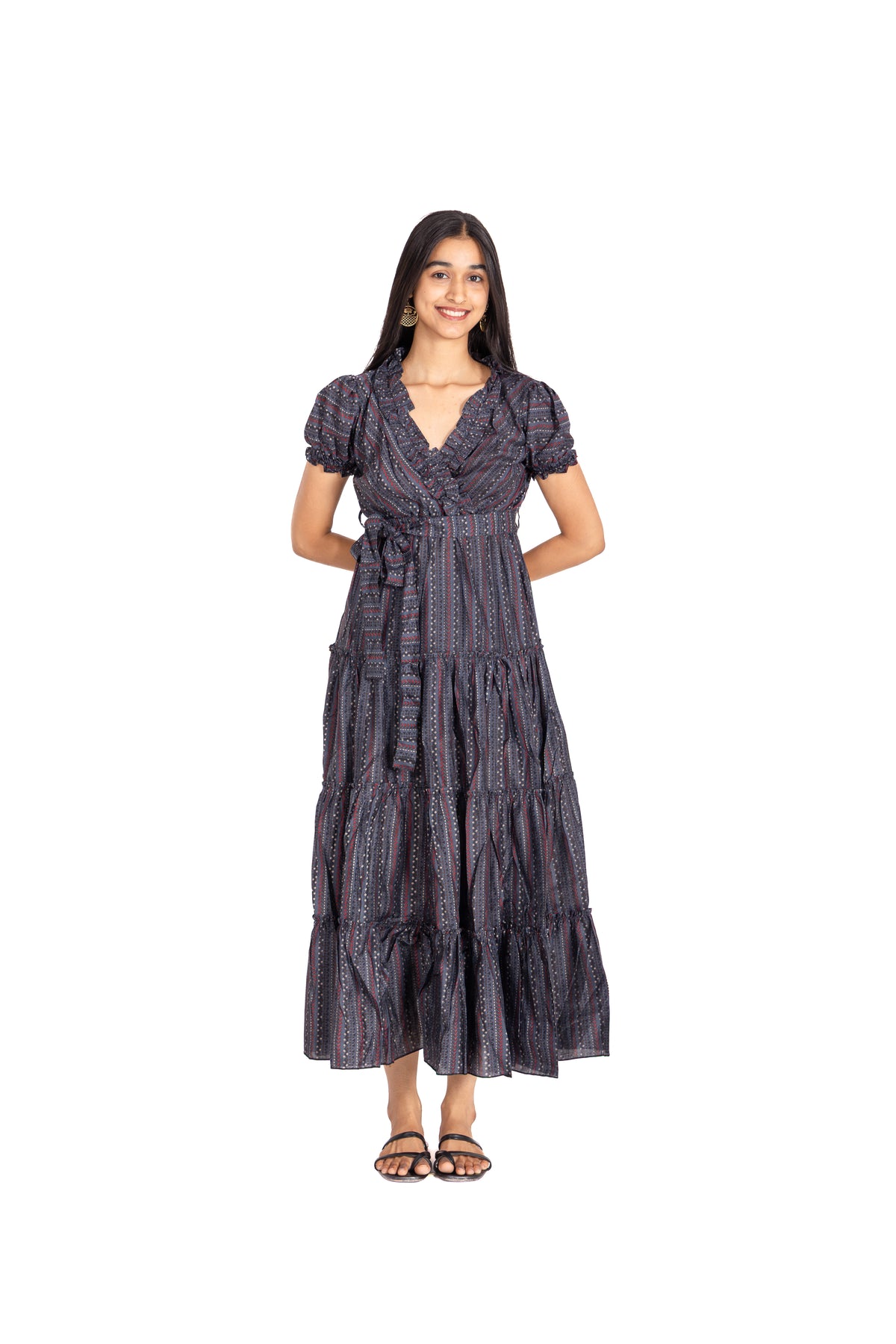 Navy Bandhani Tiered Wrap Dress: Belted Puff Sleeve Maxi