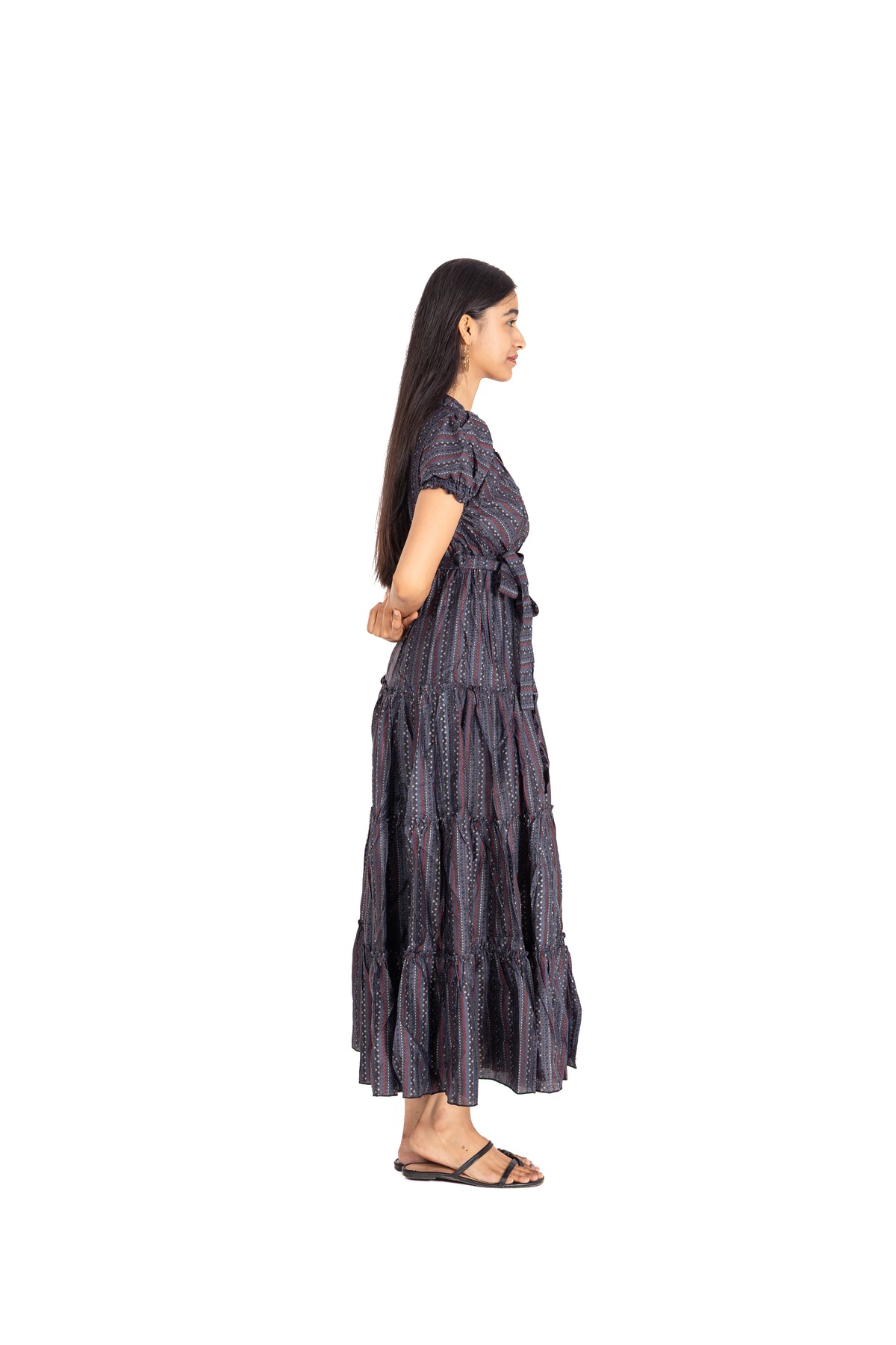 Navy Bandhani Tiered Wrap Dress: Belted Puff Sleeve Maxi