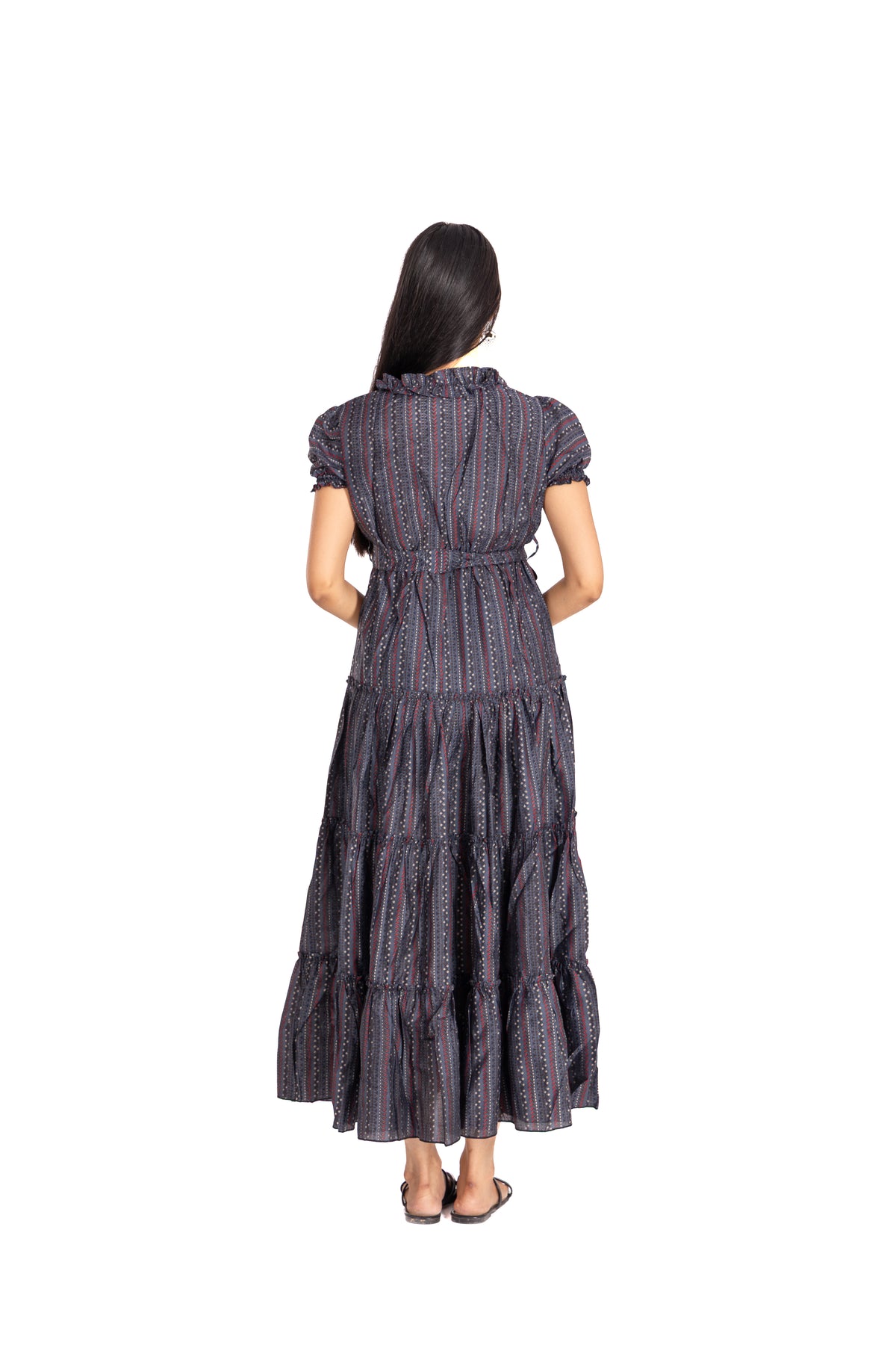 Navy Bandhani Tiered Wrap Dress: Belted Puff Sleeve Maxi