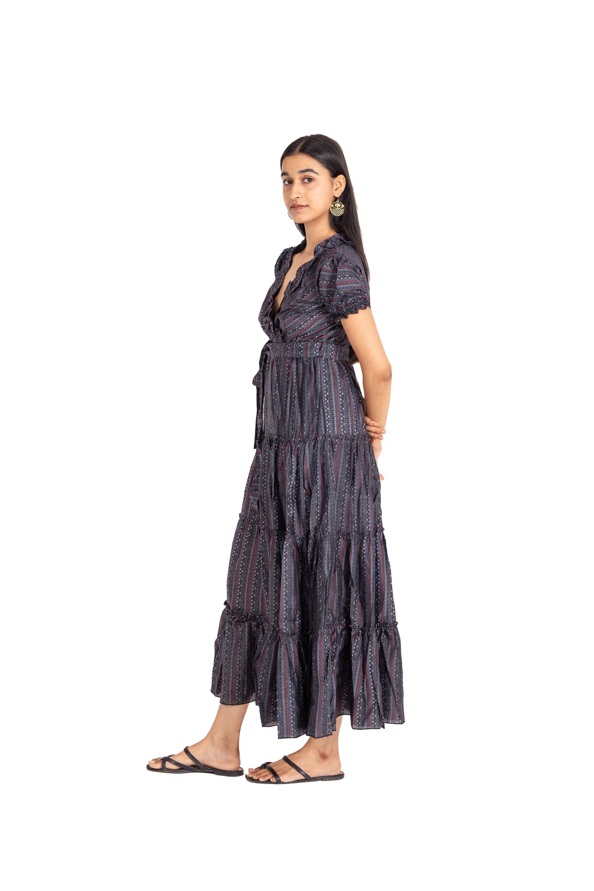 Navy Bandhani Tiered Wrap Dress: Belted Puff Sleeve Maxi