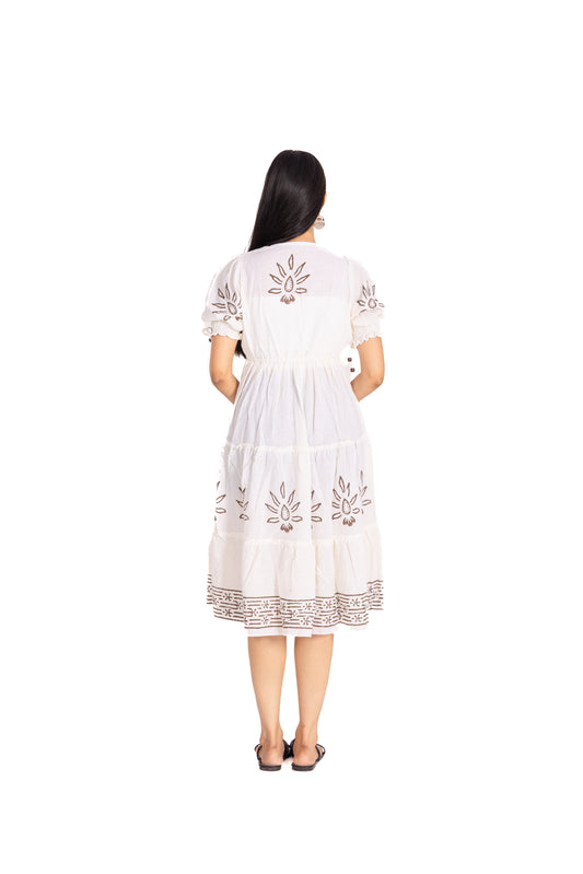 White Block Print Tiered Midi Dress: Puff Sleeves with Brown Floral Motifs