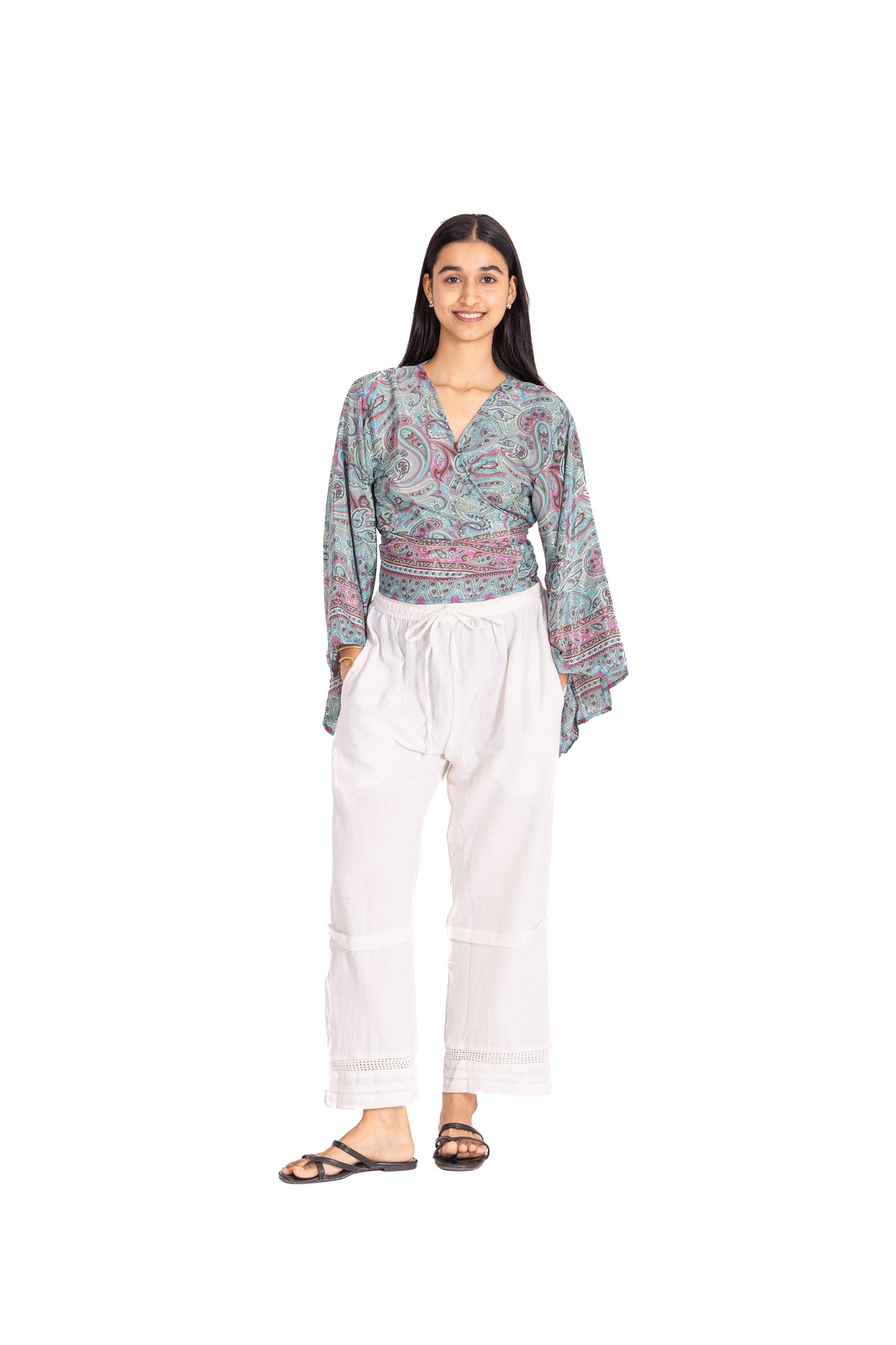 Sky Blue Paisley Wrap Crop Top: Flared Bell Sleeves with Pink Border Print