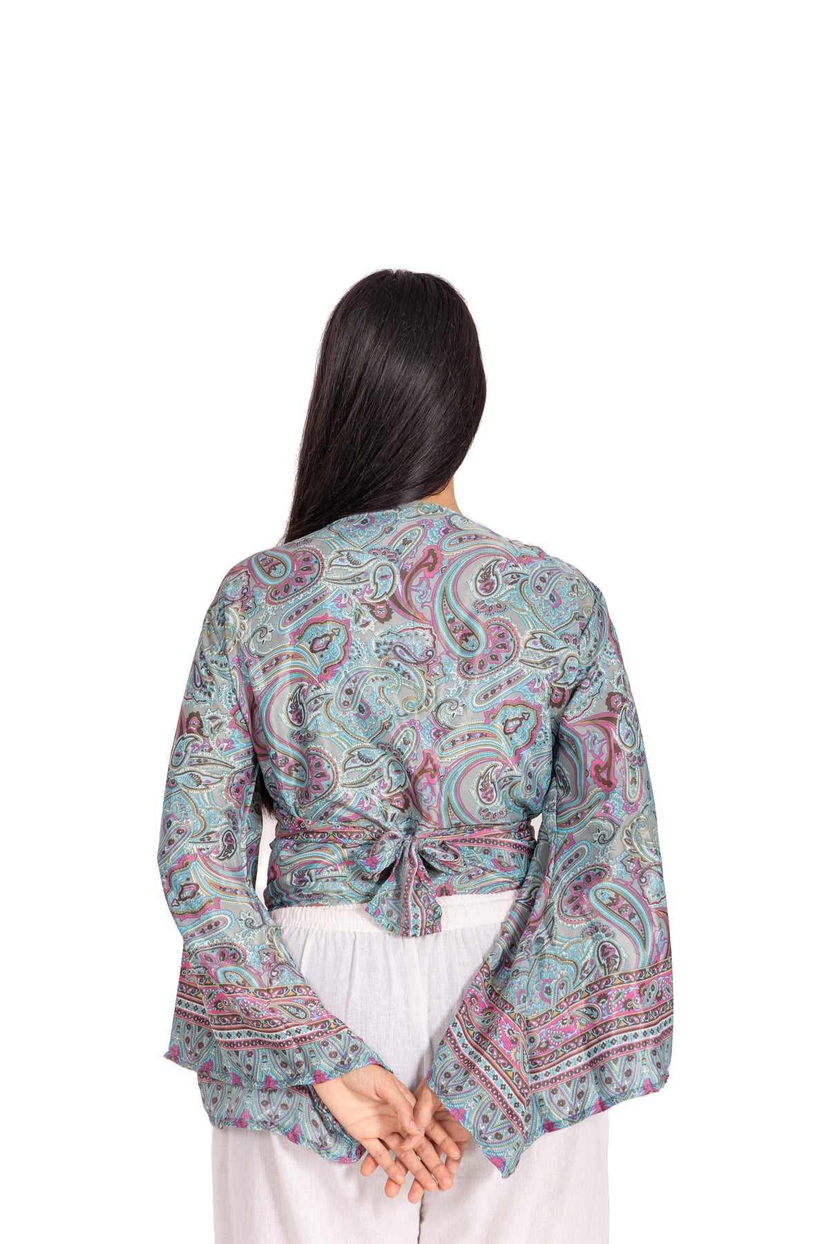 Sky Blue Paisley Wrap Crop Top: Flared Bell Sleeves with Pink Border Print