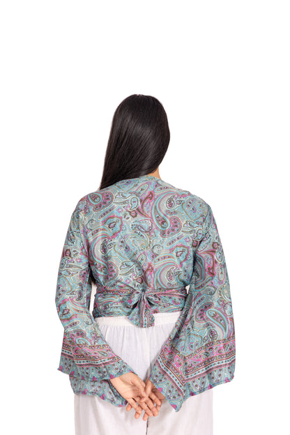 Sky Blue Paisley Wrap Crop Top: Flared Bell Sleeves with Pink Border Print