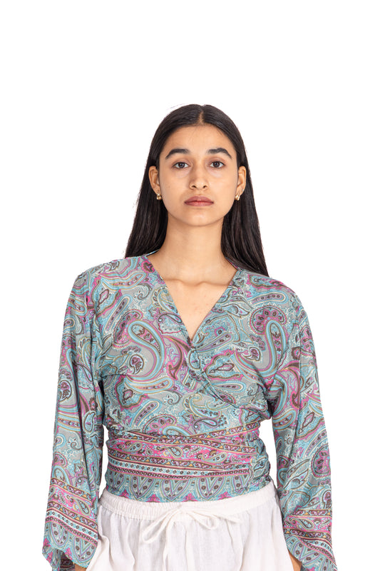 Sky Blue Paisley Wrap Crop Top: Flared Bell Sleeves with Pink Border Print