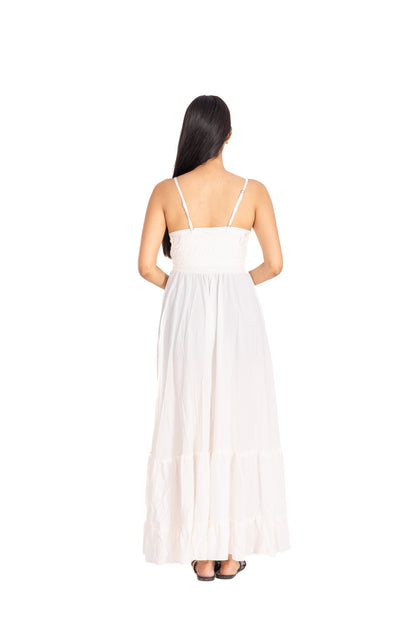 White Strappy Tiered Maxi Dress: Wrap V-Neck with Smocked Tie Waist
