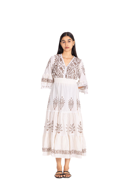 V NECK FRILL LONG BOHO DRESS