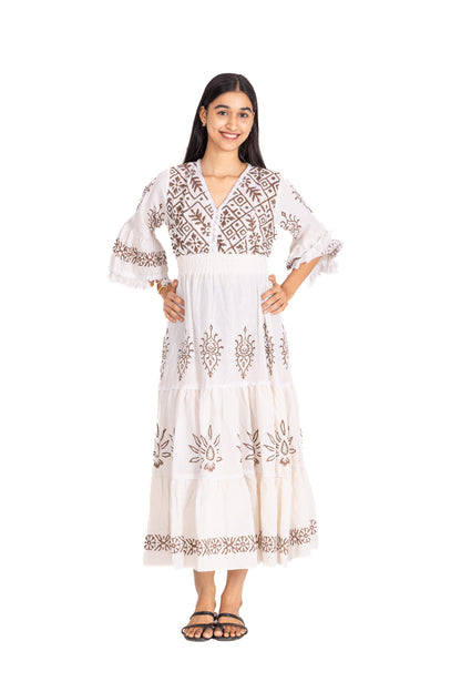 V NECK FRILL LONG BOHO DRESS