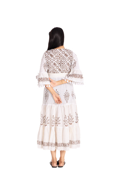 V NECK FRILL LONG BOHO DRESS