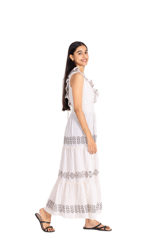 White Block Print Tiered Maxi Dress: Ruffle V-Neck with Smocked Waist