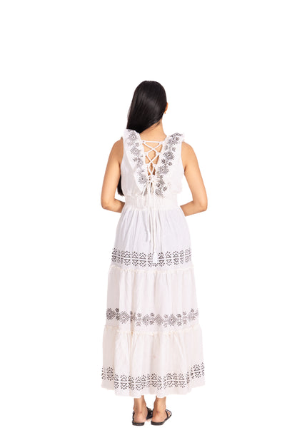 White Block Print Tiered Maxi Dress: Ruffle V-Neck with Smocked Waist