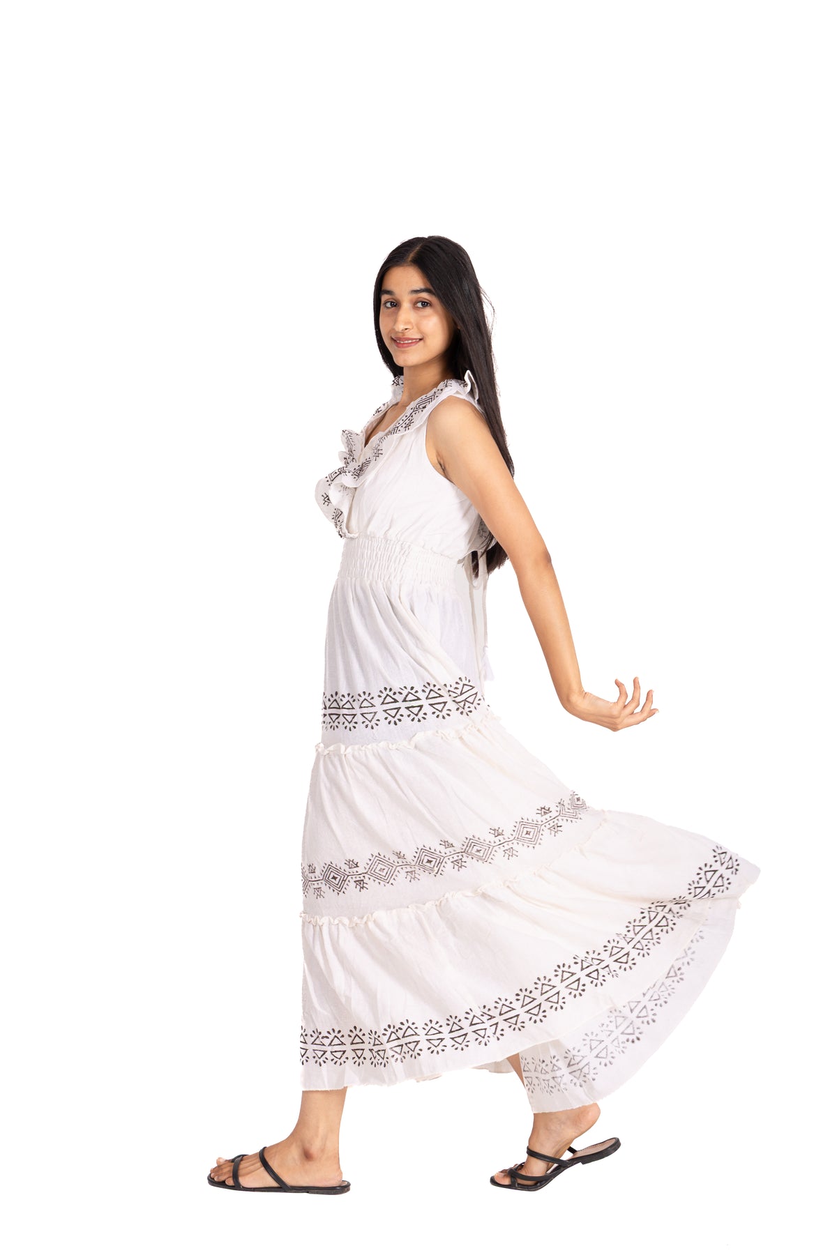 White Block Print Tiered Maxi Dress: Ruffle V-Neck with Smocked Waist