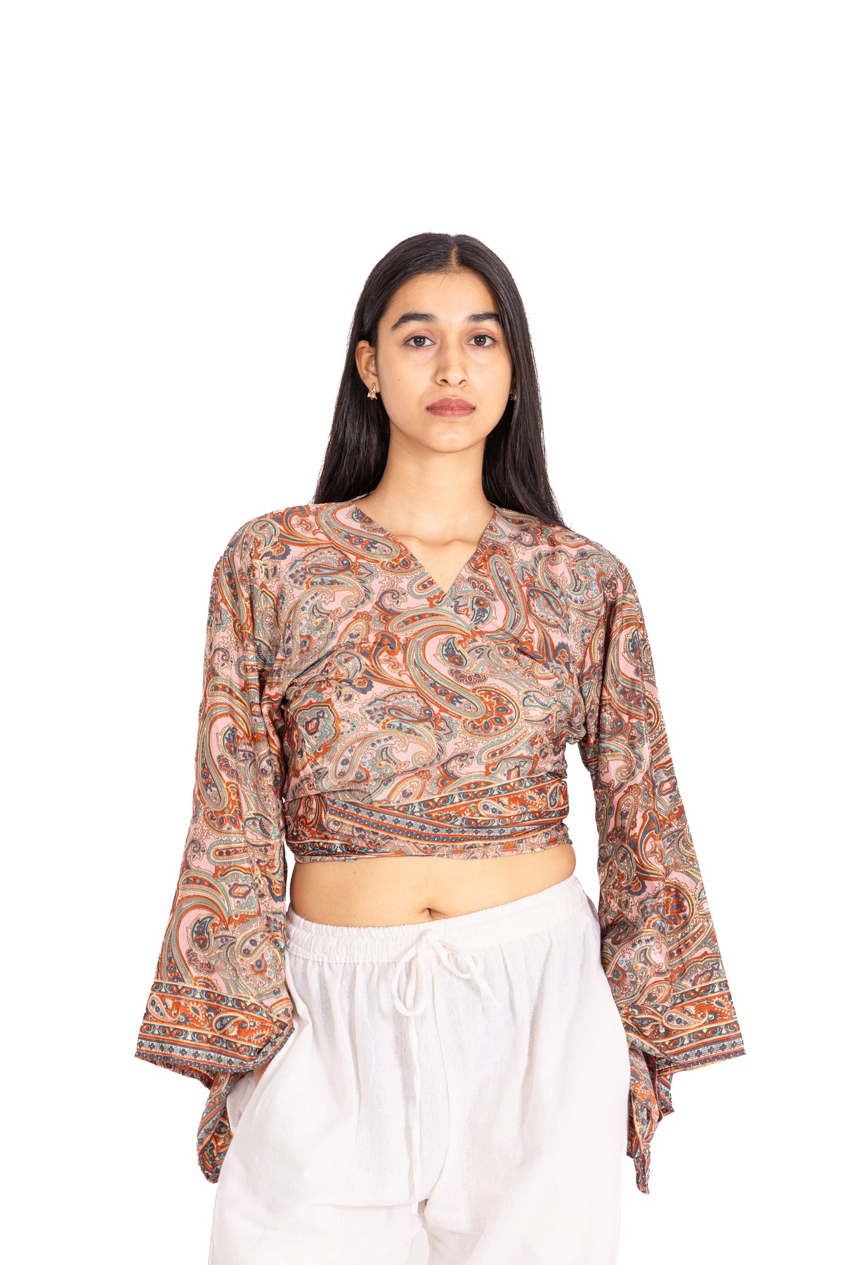 Rosewood Paisley Wrap Crop Top: Flared Bell Sleeves with Border Print