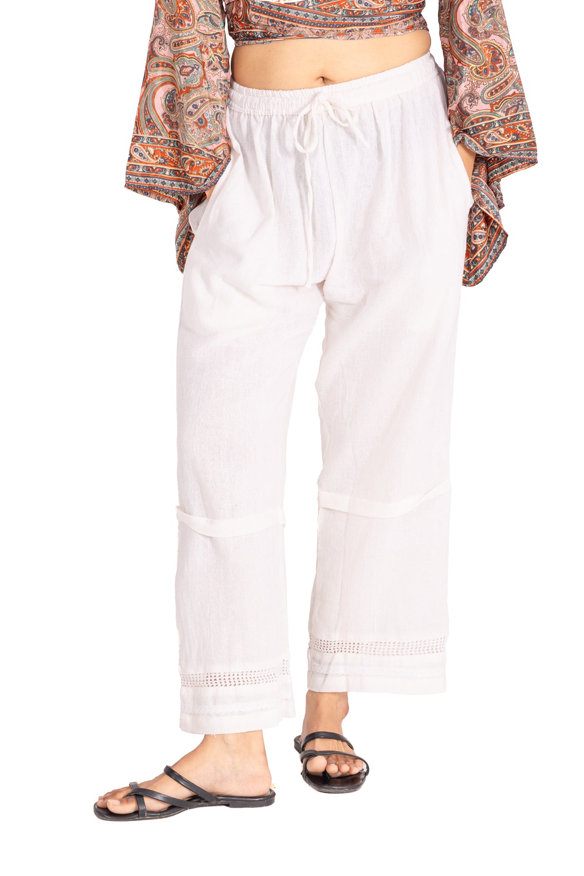 White Cotton Straight Pants: Drawstring Waist with Lace Hem and Knee Tuck Detail