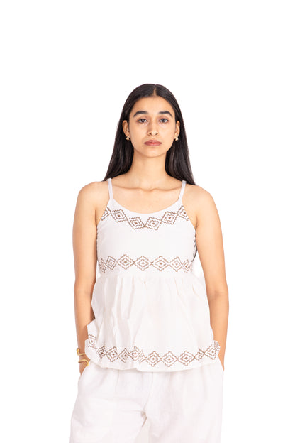 White Block Print Strappy Peplum Top: Round Neck with Brown Geometric Bands