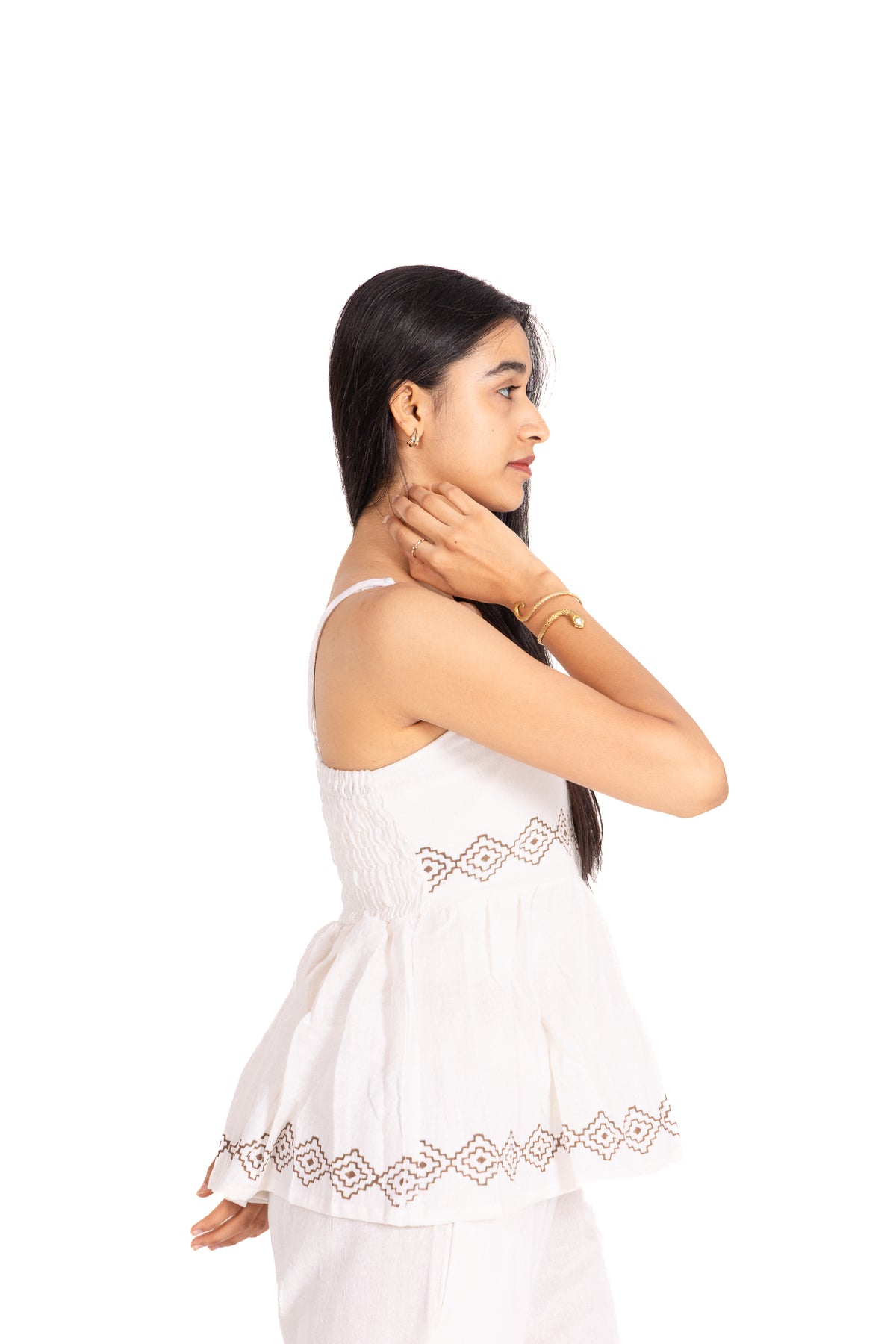 White Block Print Strappy Peplum Top: Round Neck with Brown Geometric Bands