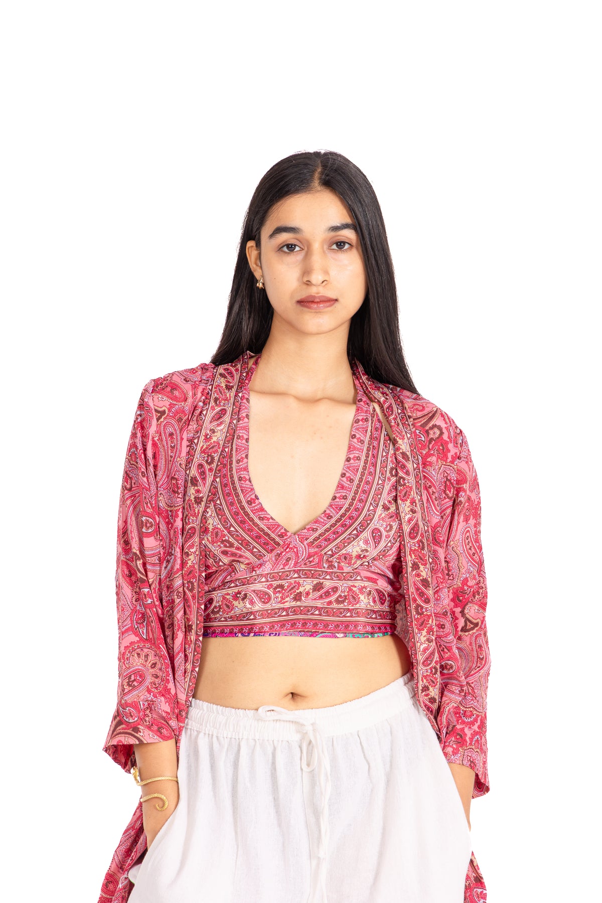 Pink Paisley Halter Crop Top: Deep V-Neck with Printed Border