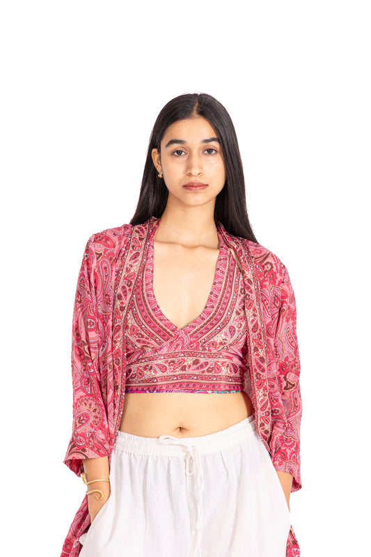Pink Paisley Halter Crop Top: Deep V-Neck with Printed Border