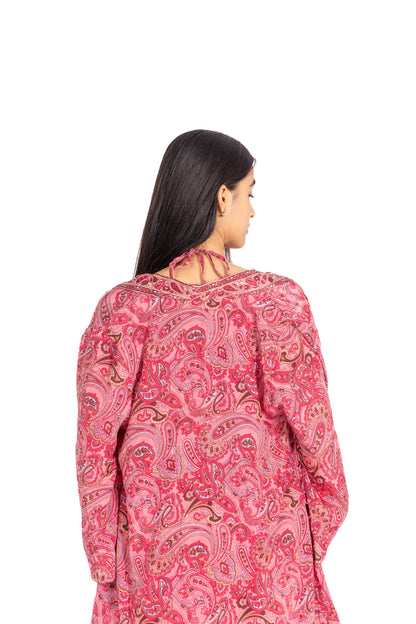 Pink Paisley Halter Crop Top: Deep V-Neck with Printed Border