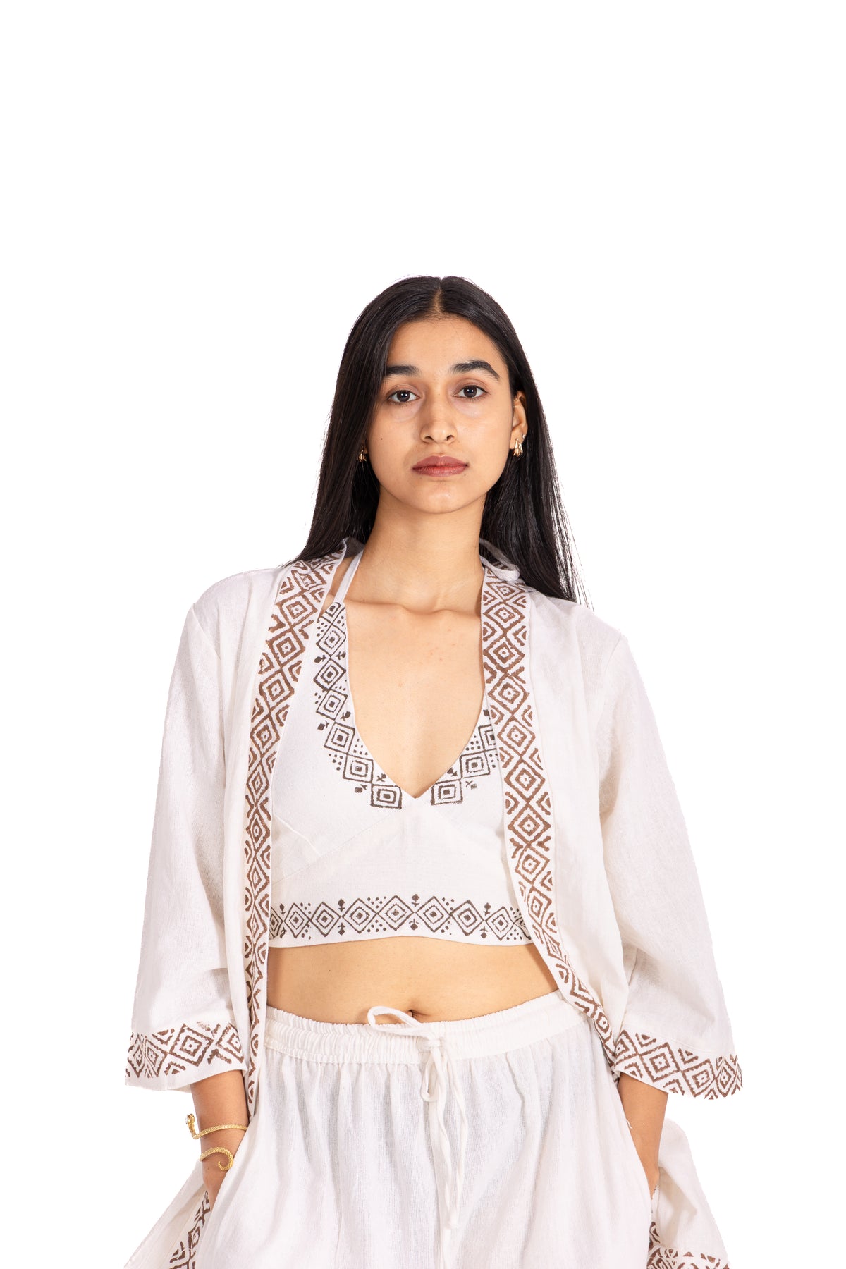 White Block Print Halter Crop Top: Deep V-Neck with Brown Geometric Border
