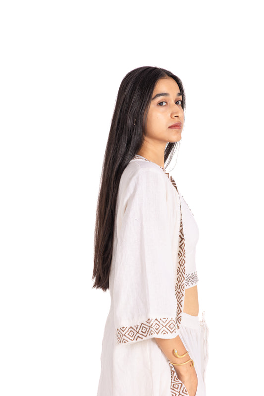 White Block Print Halter Crop Top: Deep V-Neck with Brown Geometric Border