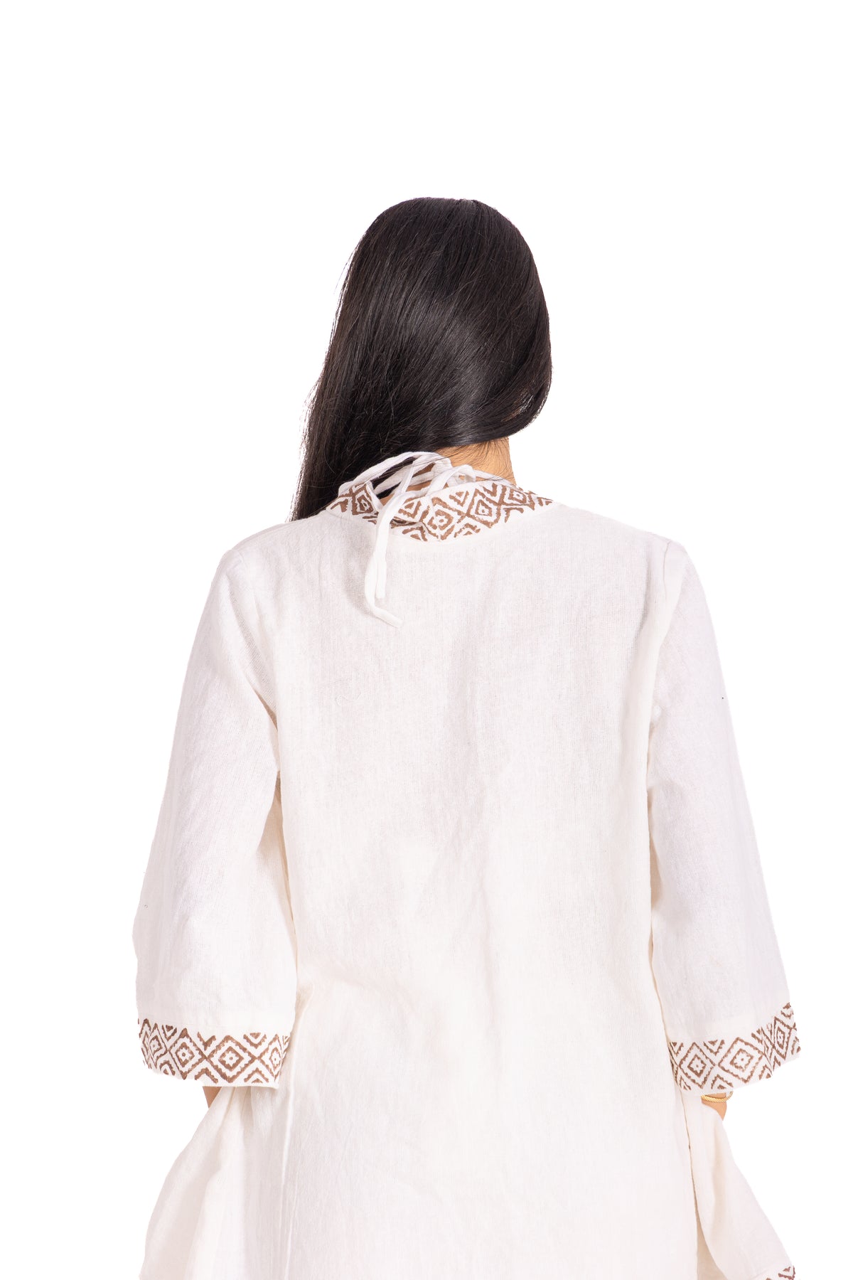 White Block Print Halter Crop Top: Deep V-Neck with Brown Geometric Border
