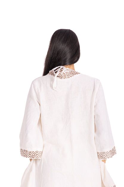 White Block Print Halter Crop Top: Deep V-Neck with Brown Geometric Border