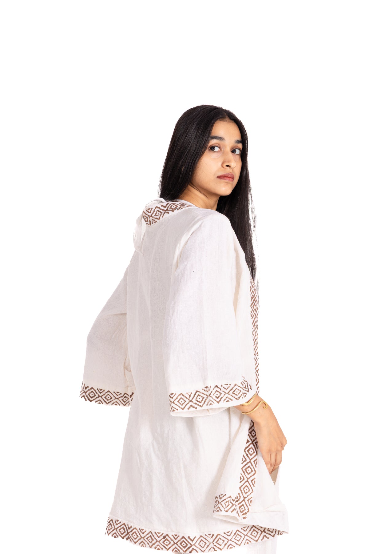 White Block Print Halter Crop Top: Deep V-Neck with Brown Geometric Border