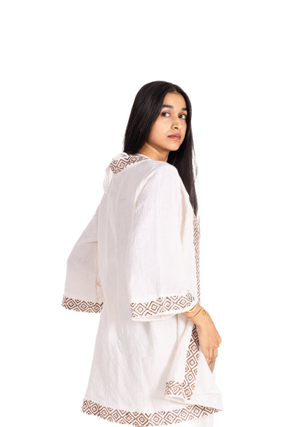 White Block Print Halter Crop Top: Deep V-Neck with Brown Geometric Border