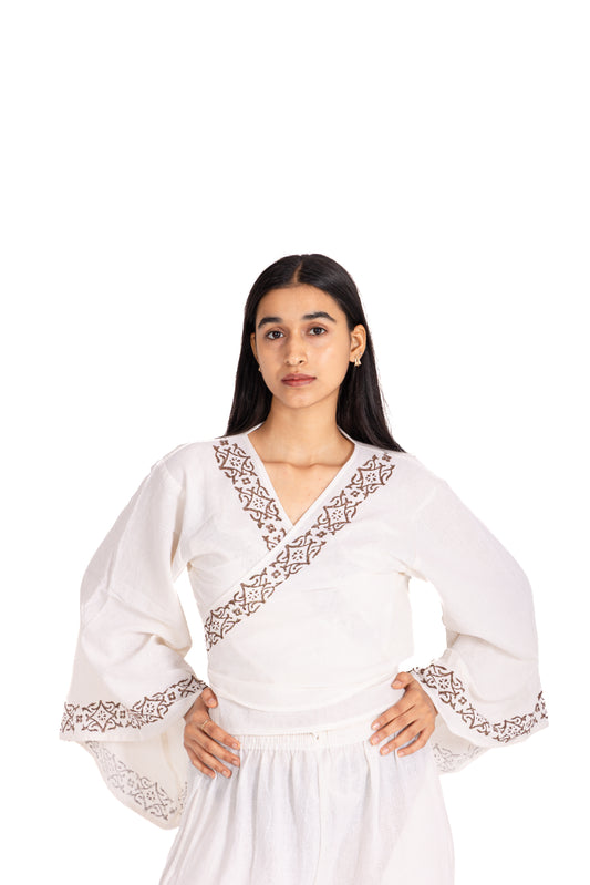 White Block Print Wrap Top: Bell Sleeves with Brown Floral Border