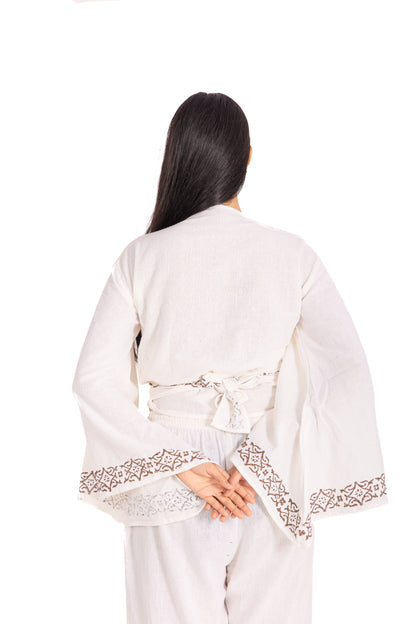 White Block Print Wrap Top: Bell Sleeves with Brown Floral Border